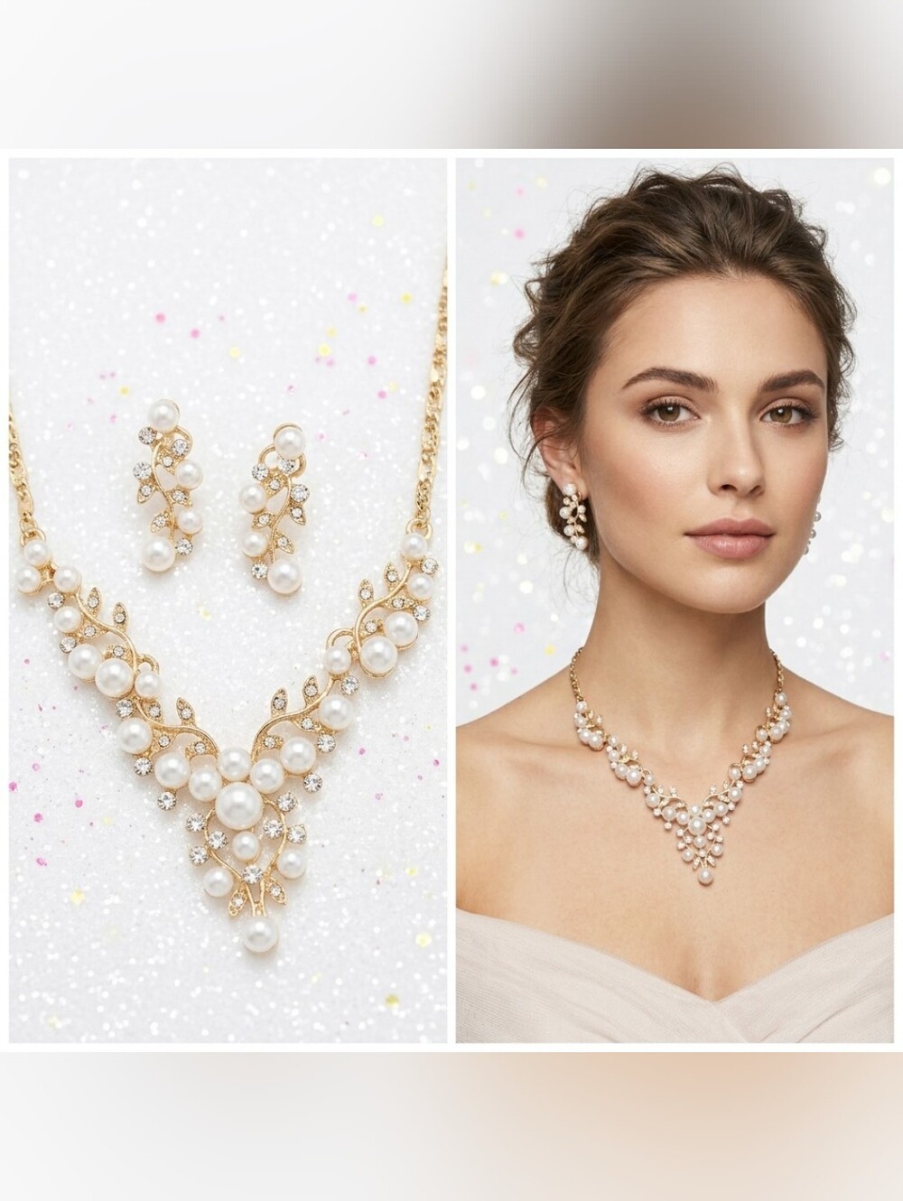 Gold crystal pearl leaf necklace earring set